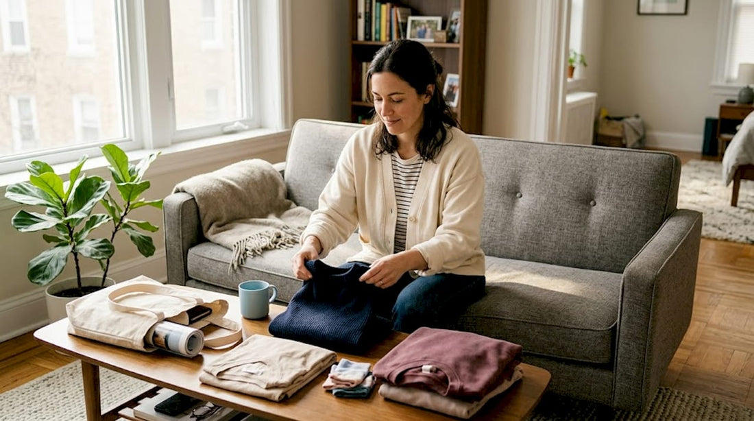 Woman sorting clothes by color palette