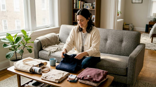 Woman sorting clothes by color palette