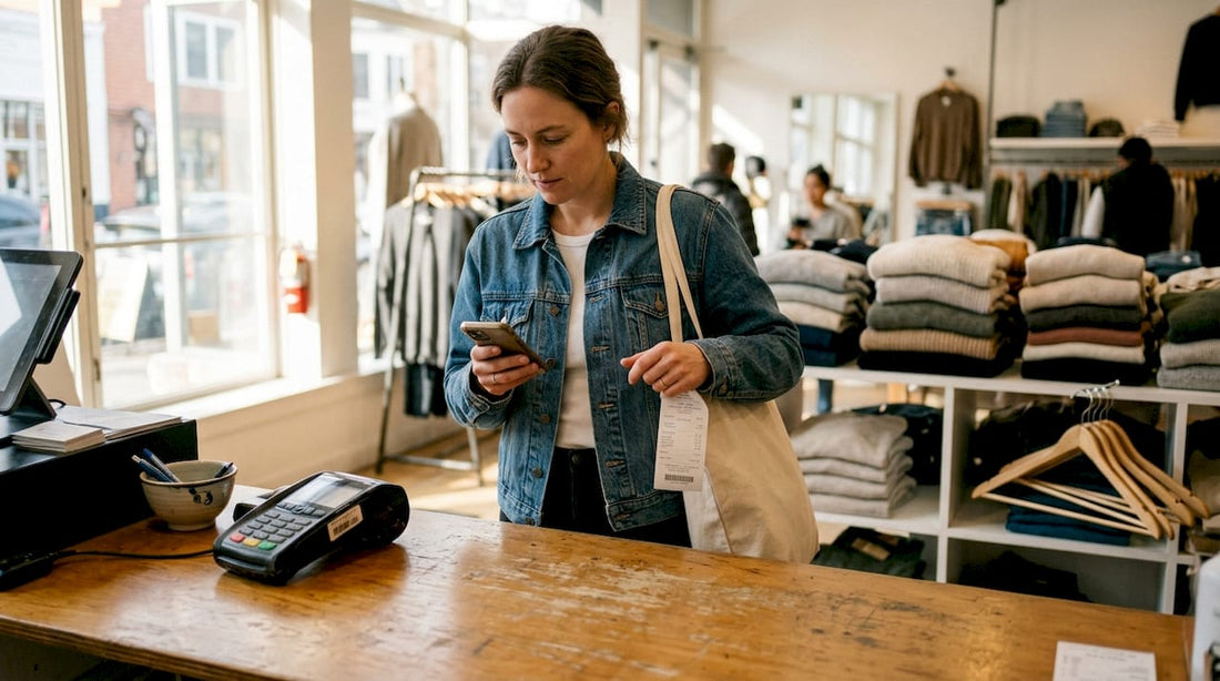 Shopper checking seasonal sale purchases