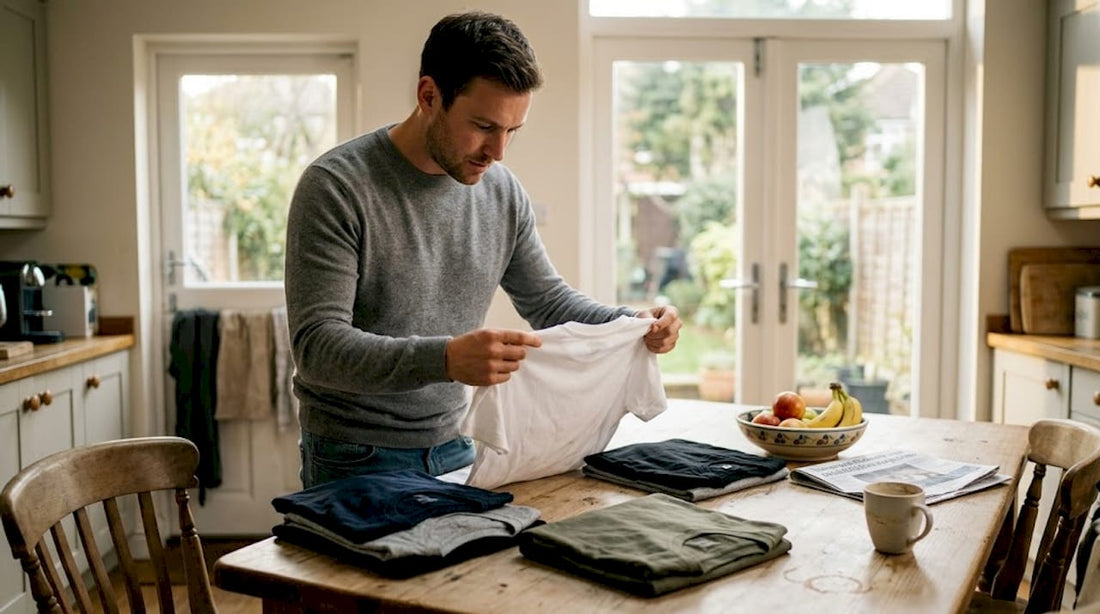 Man checking t-shirts for minimalist wardrobe
