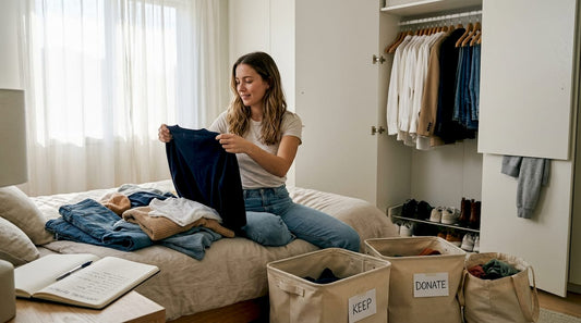 Young adult sorts clothes on bedroom floor