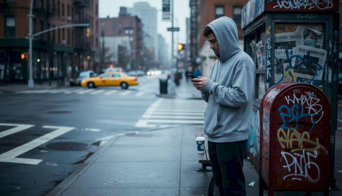 Man in hoodie on city street corner