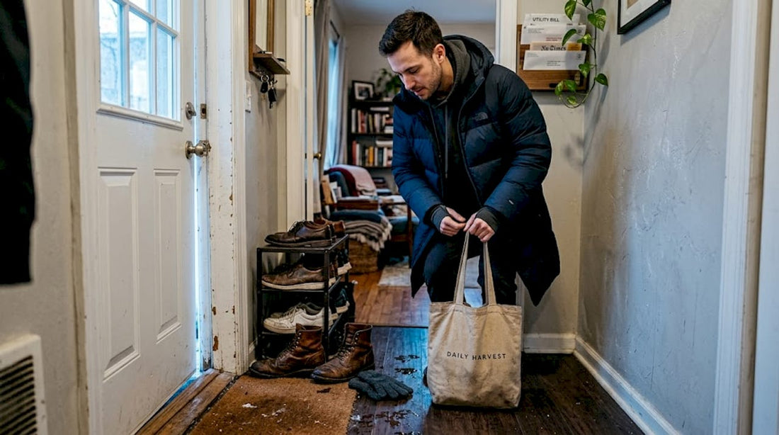 Man layering winter clothes at home entryway