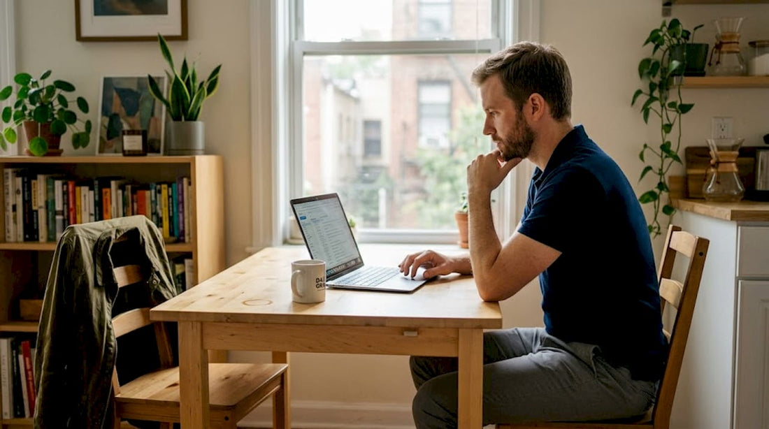 Man wearing polo shirt at kitchen table
