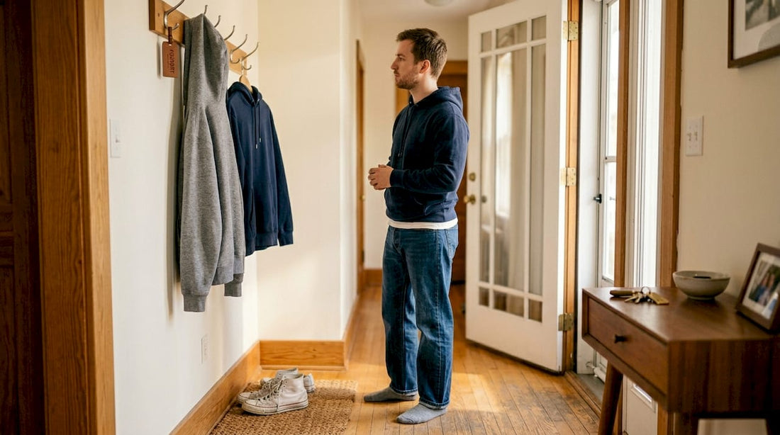 Man choosing between two hoodies in entryway