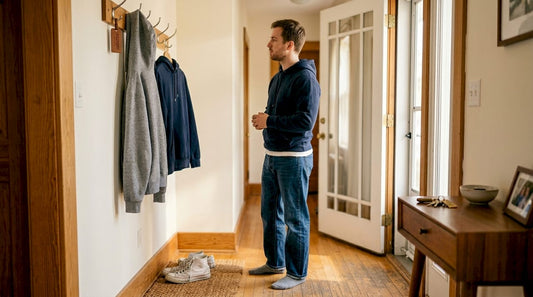 Man choosing between two hoodies in entryway