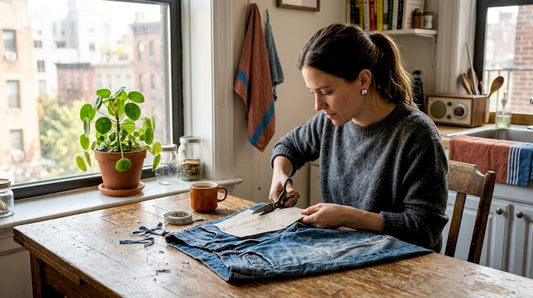 Woman upcycling old jeans at kitchen table