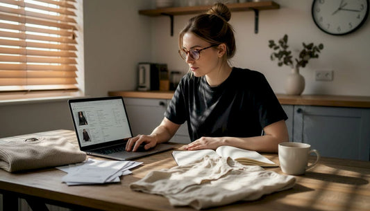 Woman managing fashion dropshipping orders at home