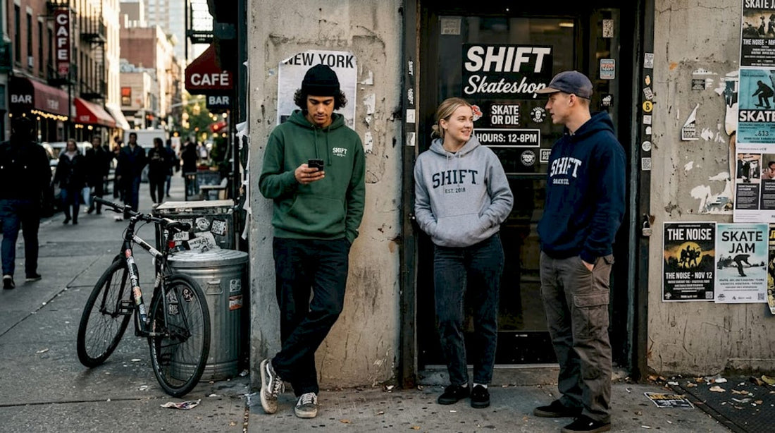 Streetwear group showing branded hoodies