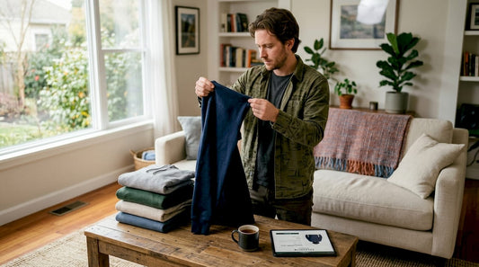 Man inspecting hoodie seam for quality