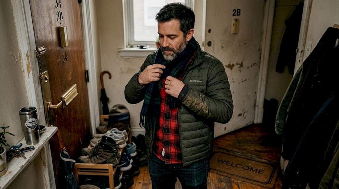 Man layering clothing for cold morning