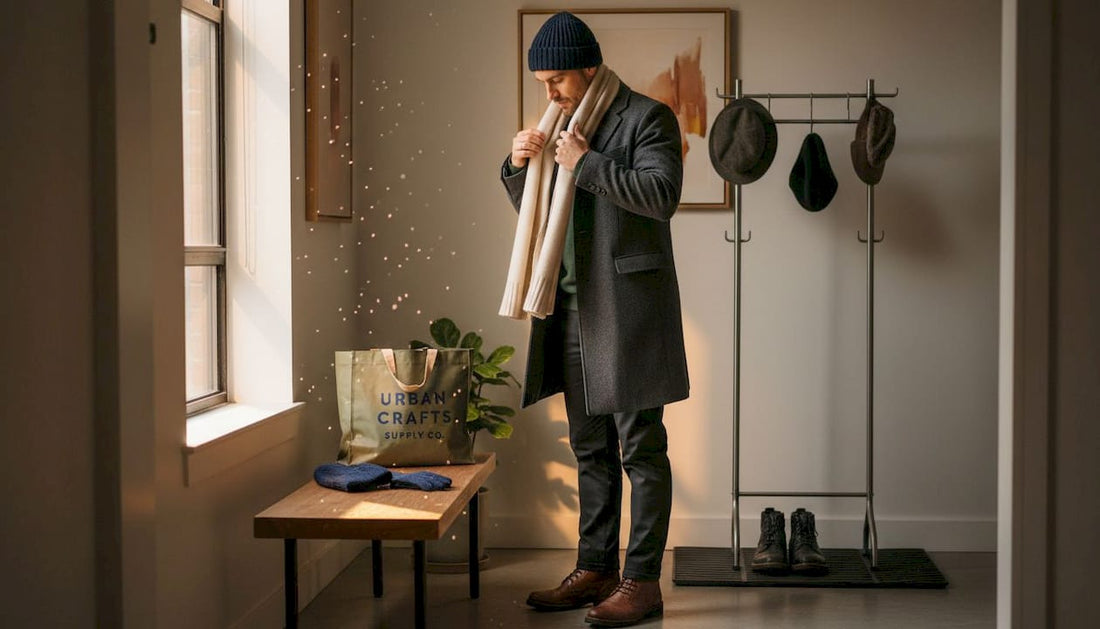 Man removing winter accessories in apartment entryway