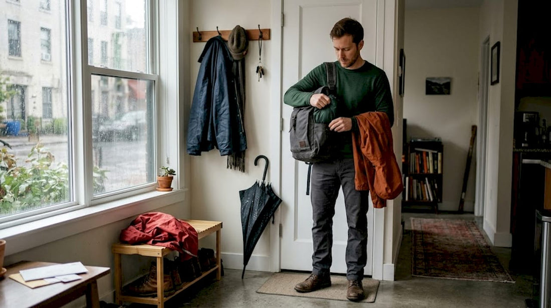 Man organizing all-weather clothing in apartment