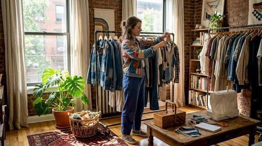 Woman sorting upcycled clothing at home
