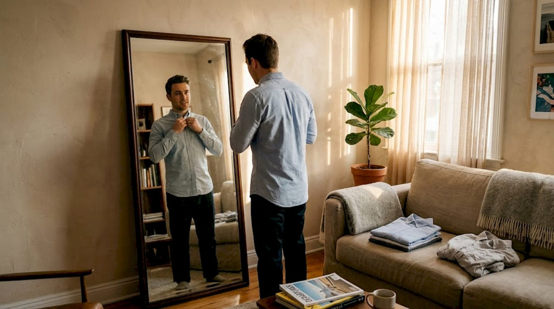 Man adjusting shirt fit in everyday bedroom