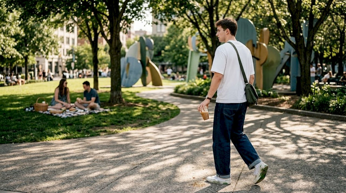 City walk in urban casual neutral outfit