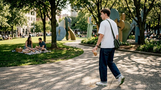 City walk in urban casual neutral outfit