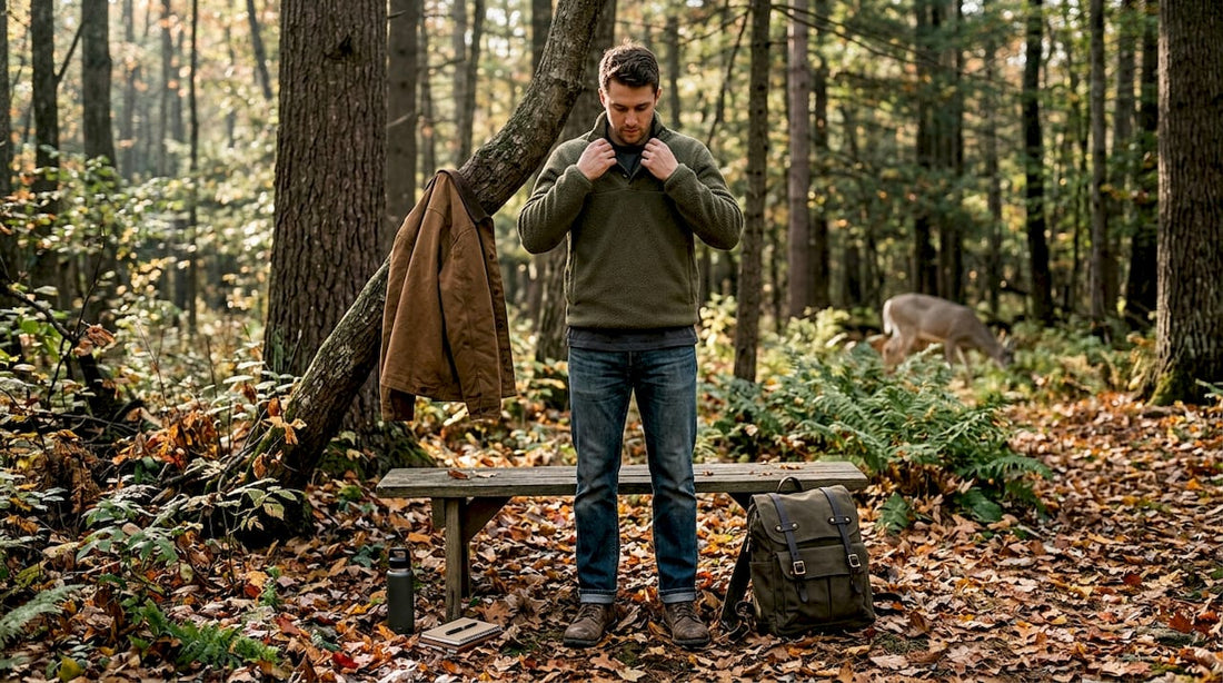 Man layering outdoor apparel in city park