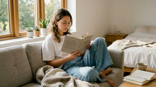 Woman reading in minimalist living room wearing oversized fit