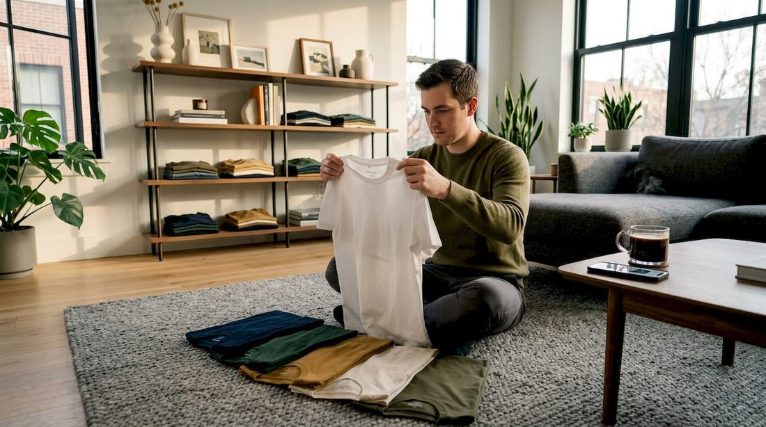 Man auditing T-shirts in bedroom setting