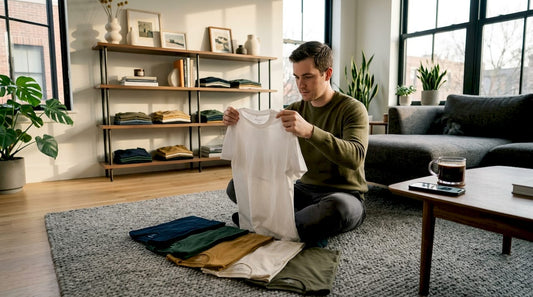 Man auditing T-shirts in bedroom setting