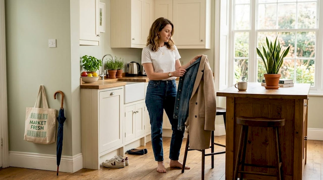 Selecting versatile wardrobe pieces in home entryway