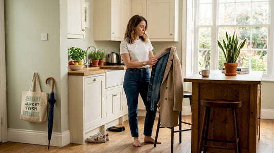 Selecting versatile wardrobe pieces in home entryway