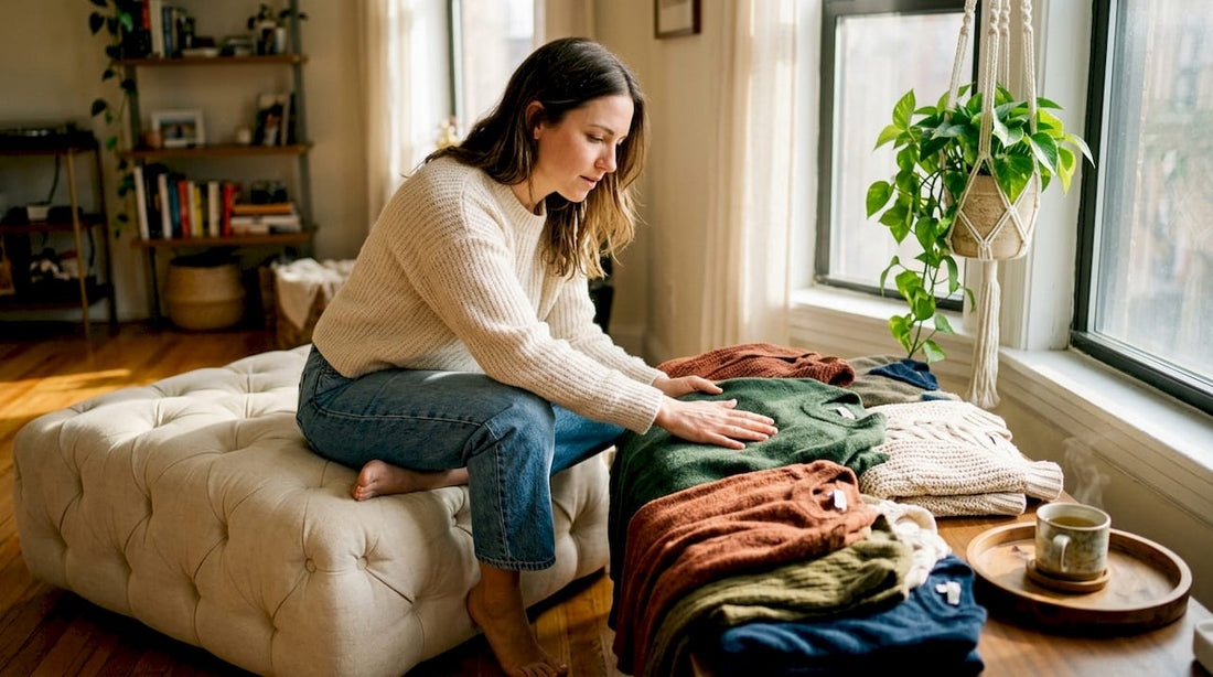 Woman examining textured sweaters on window bench