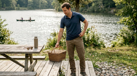 Man adjusting polo shirt at park bench