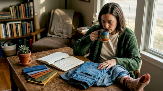 Woman calculating cost-per-wear at kitchen counter