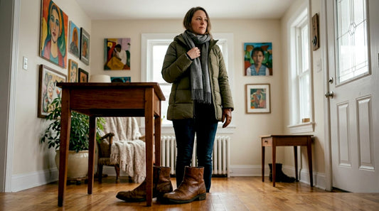 Woman getting ready in winter wardrobe at entryway