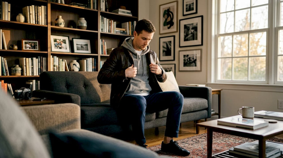 Man layering hoodie on sofa in living room