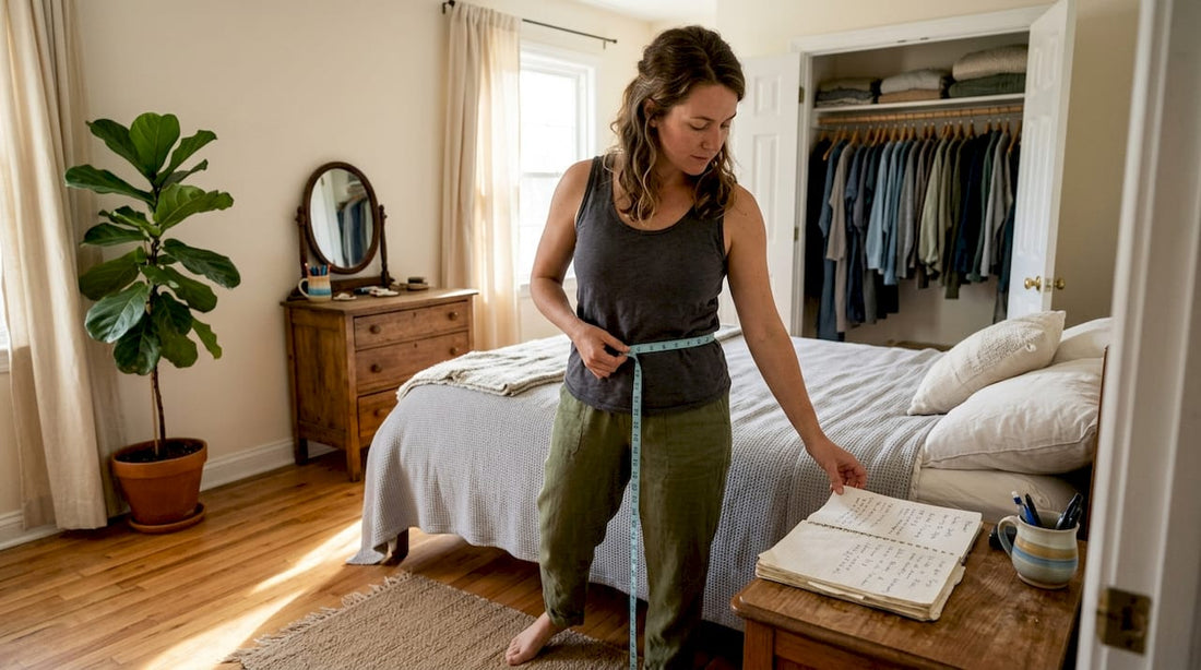 Woman measuring waist in sunlit living room
