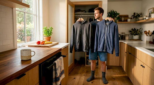 Man comparing two hoodies in living room