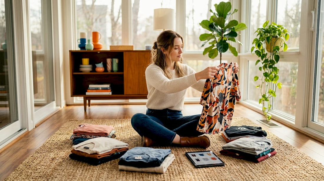 Woman auditing wardrobe in bright bedroom