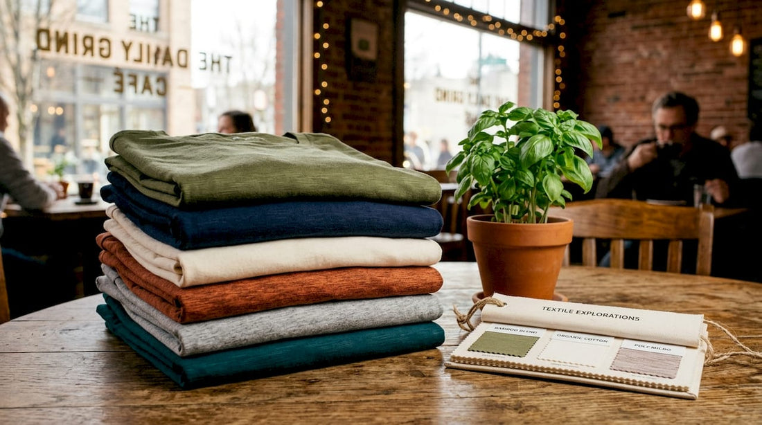 Stack of varied fabric t-shirts on table