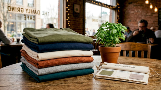 Stack of varied fabric t-shirts on table