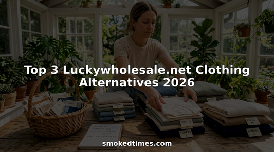 Person organizing casual clothing stacks on wooden table
