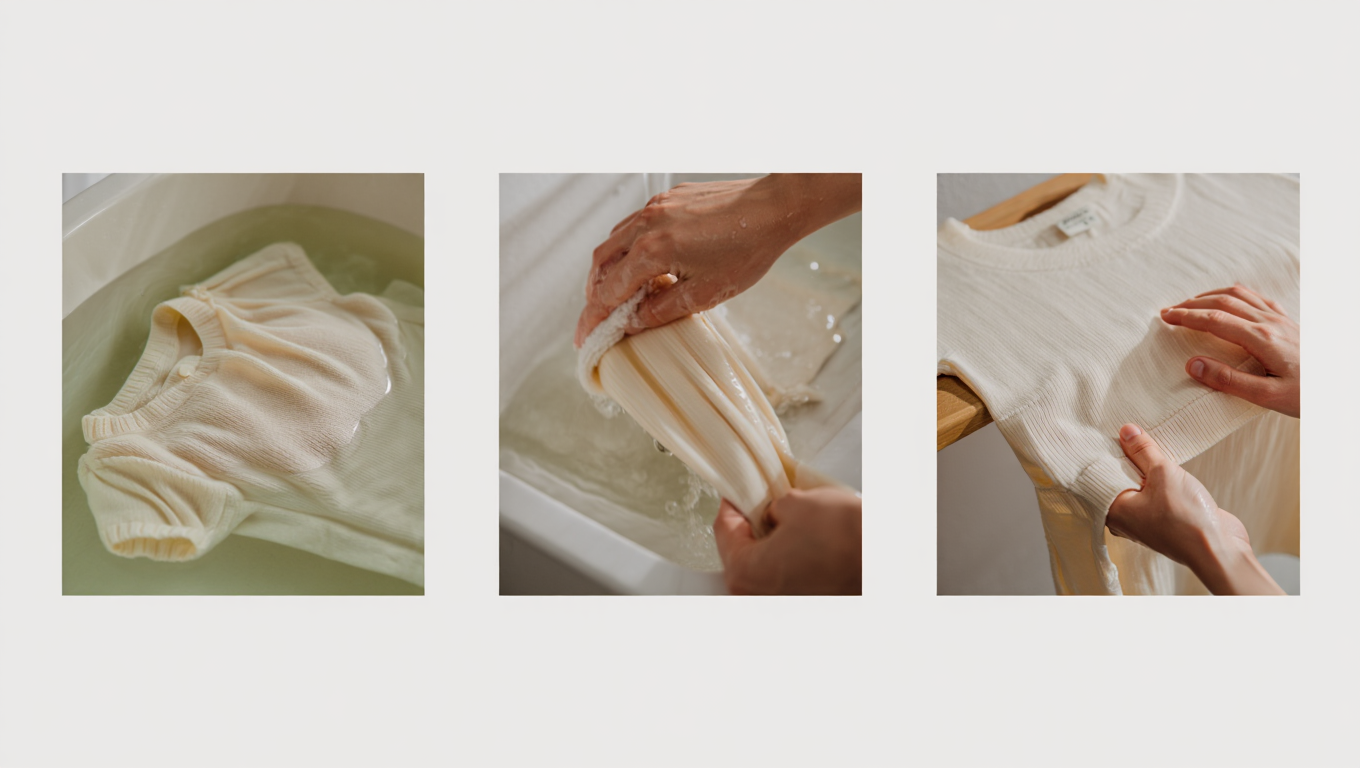 Three-panel sequence: soak a cotton T-shirt, towel-blot to damp, then block flat while easing hem and side seams.