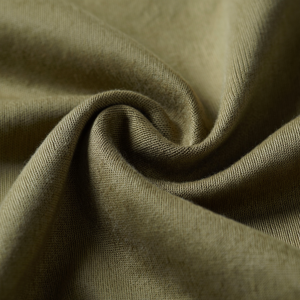 Close-up texture of a heavyweight 100% cotton T-shirt showing dense knit and natural matte finish.