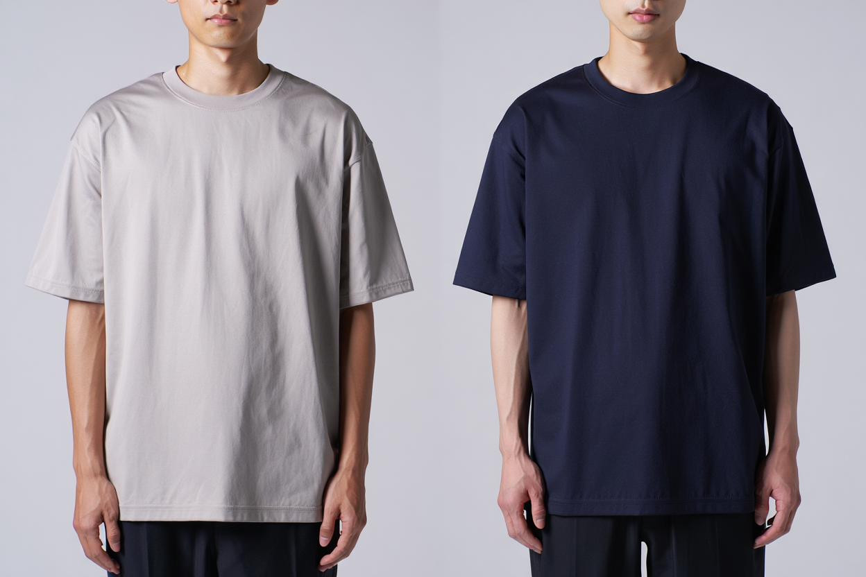 Side-by-side of heavyweight vs midweight organic cotton T-shirts showing drape and hem straightness.