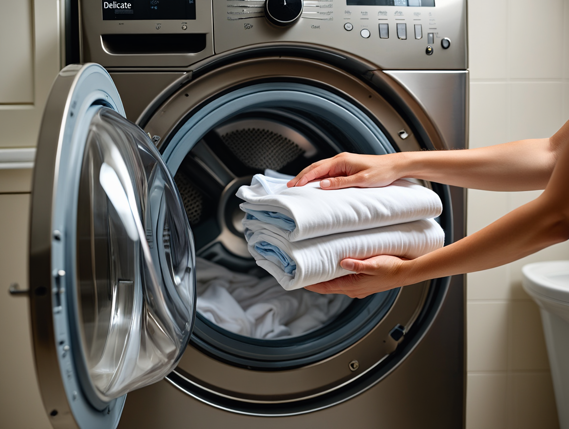 Loading a few cotton T-shirts into a dryer set to low heat; close-up of the control dial and clean lint filter.