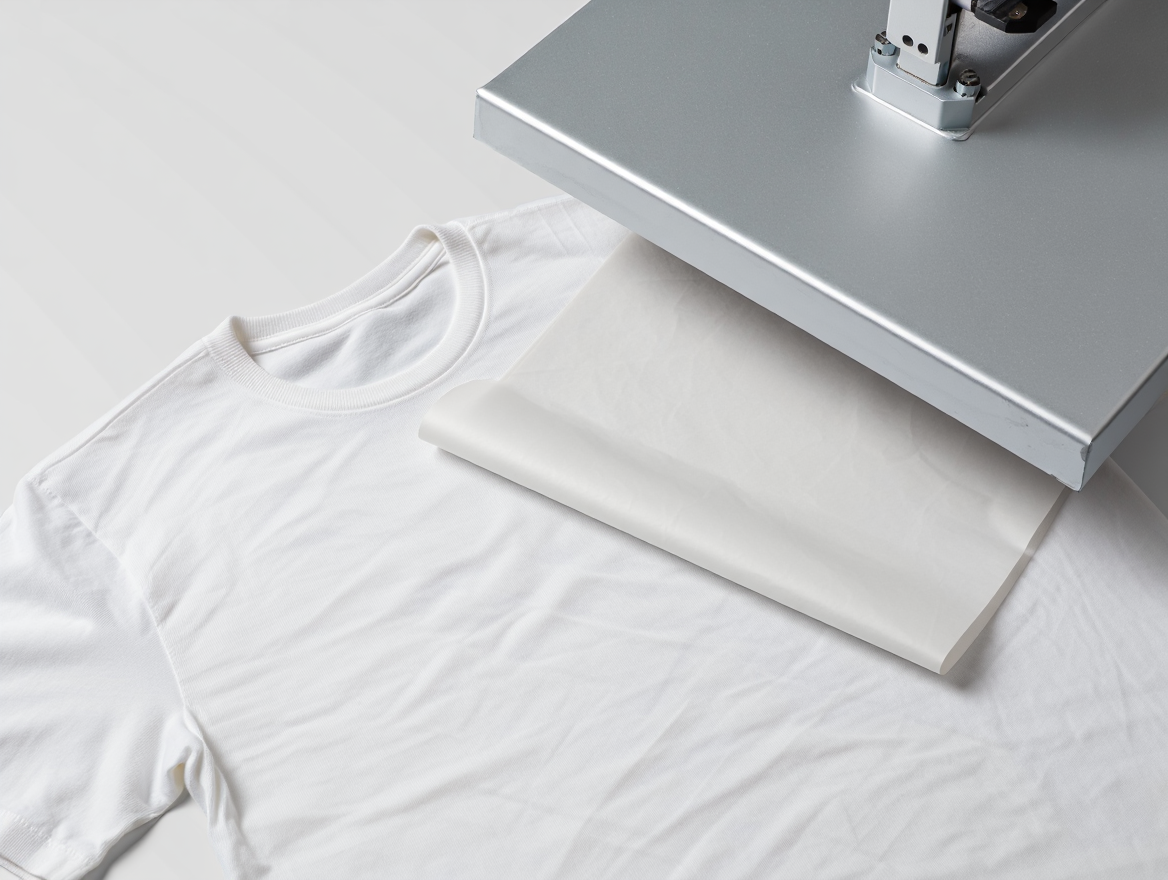 Heat press hovering over a white cotton T-shirt with a polyester-coated transfer sheet positioned for sublimation.