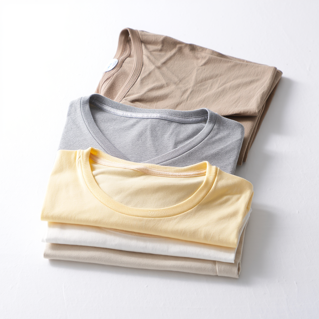 Stack of organic cotton T-shirts in neutral tones showing different weights and collars (crew, V-neck, long-sleeve).