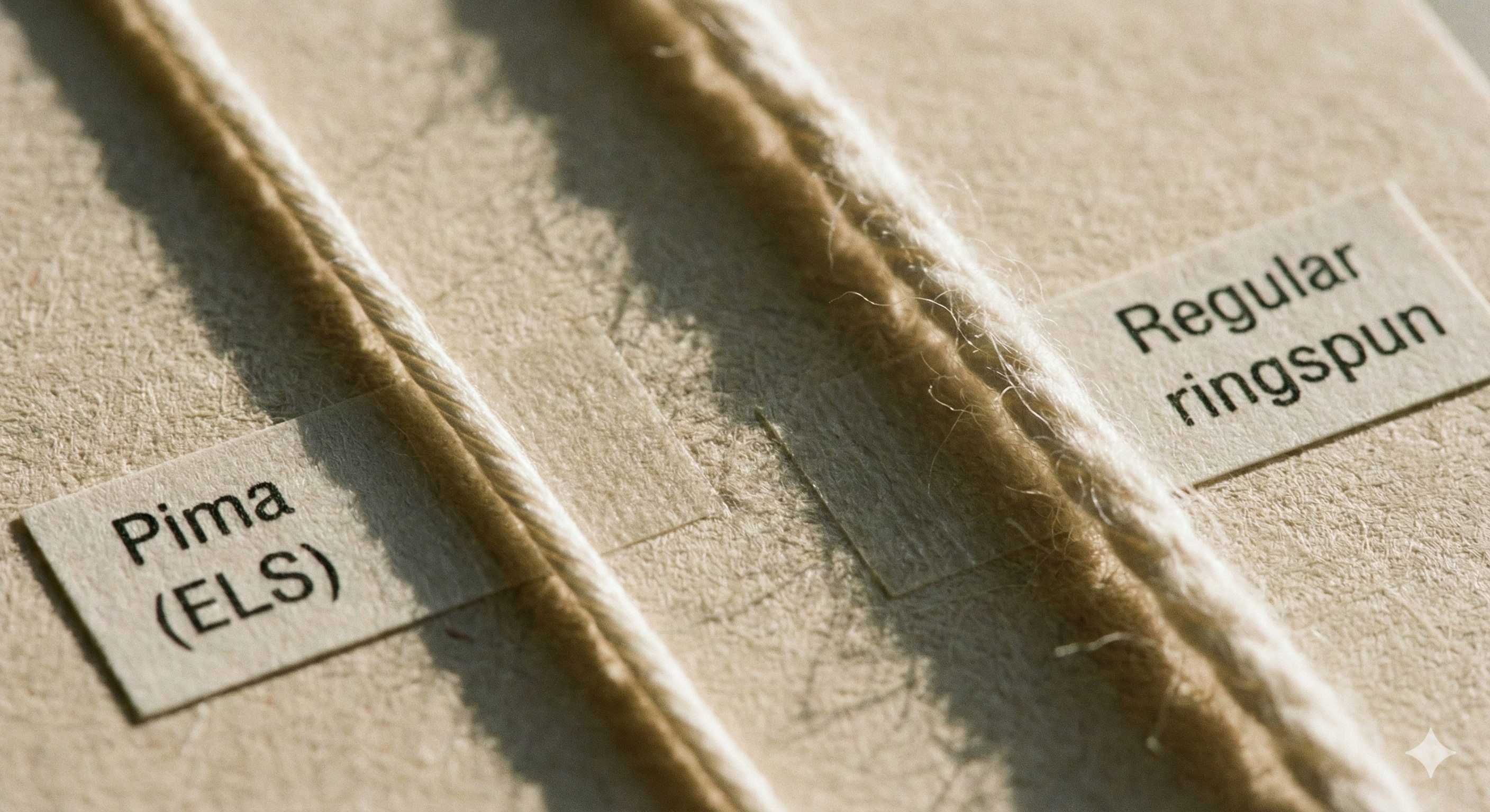 Macro side-by-side yarns: pima (finer, smoother) vs regular ringspun (slightly fuzzier); caption notes drape vs structure.