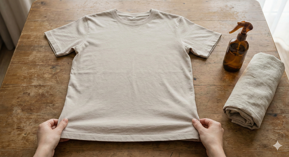 Cotton T-shirt lying flat on a table, hands gently stretching the hem and aligning side seams; a towel roll and spray bottle nearby.