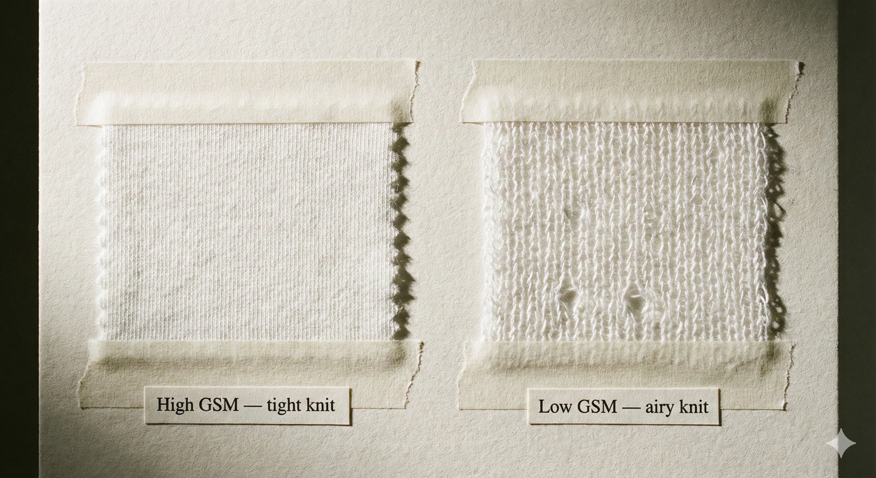 Macro side-by-side jersey: high-GSM tight knit vs low-GSM airy knit; visible difference in loop density.