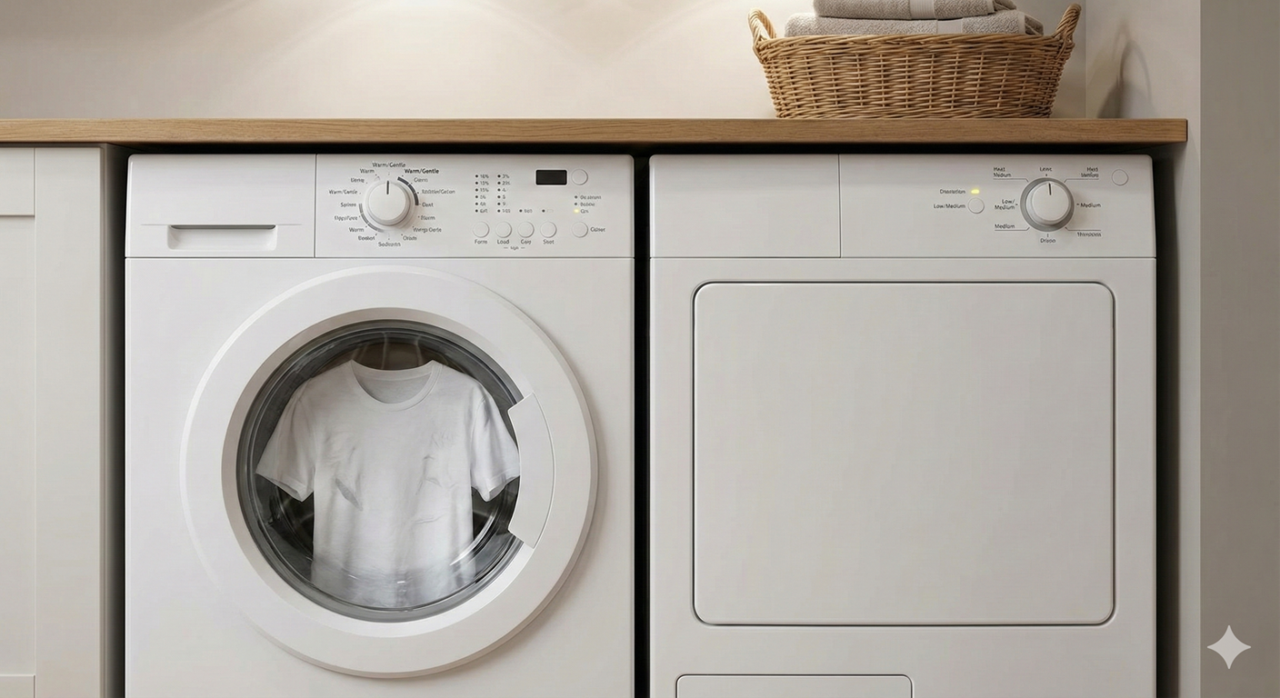 Laundry close-up: washer set to Warm/Gentle, dryer set to Low/Medium; plain cotton tee visible in drum.