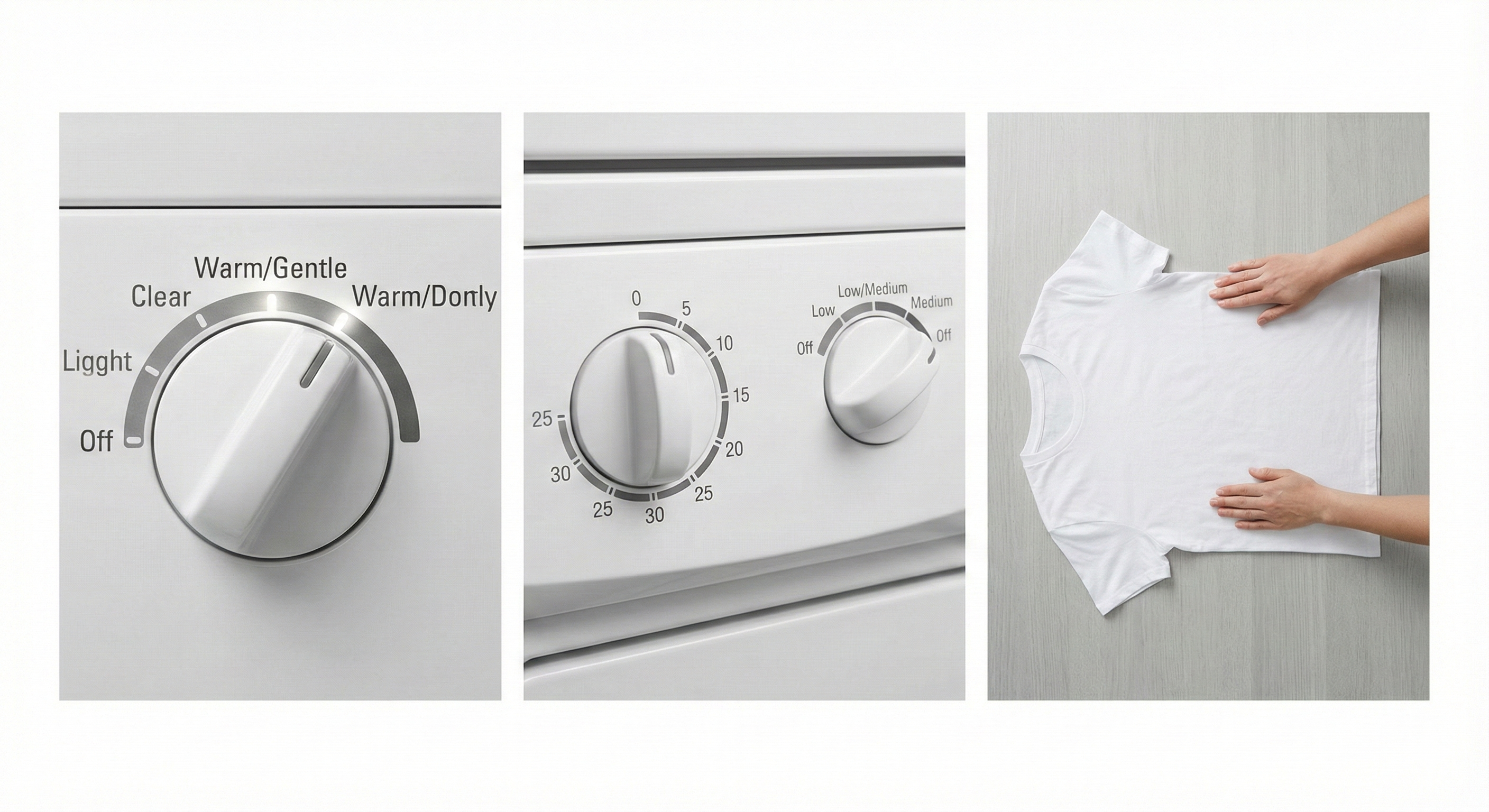 Three panels: Warm/Gentle washer; 10-minute Low/Med dryer; tee laid flat with hands aligning seams.