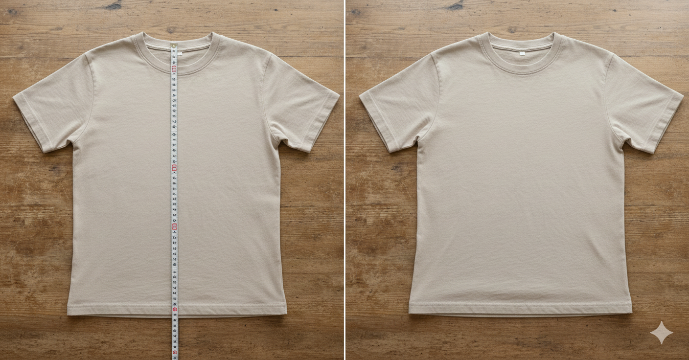 Before/after overlay with measuring tape: body length shortens ~2 cm after Warm wash + short Low/Med dry; hem remains straight after flat cool-down.